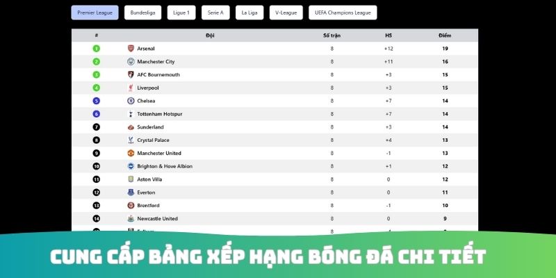Cung cấp bảng xếp hạng bóng đá chi tiết
